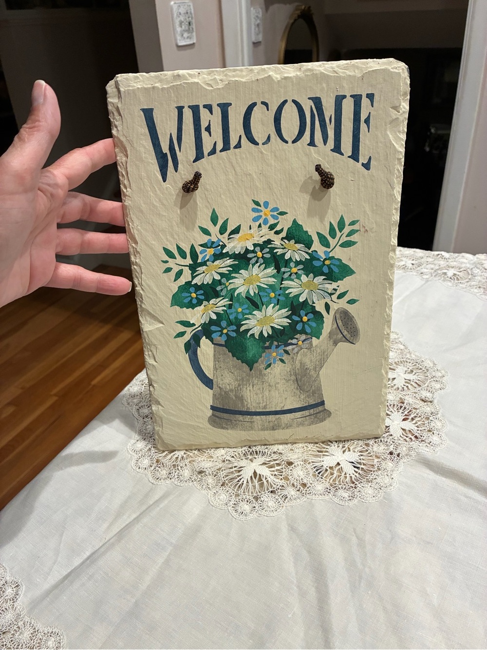 Hand Painted Slate Welcome Sign | Floral Watering Can Porch Decor
